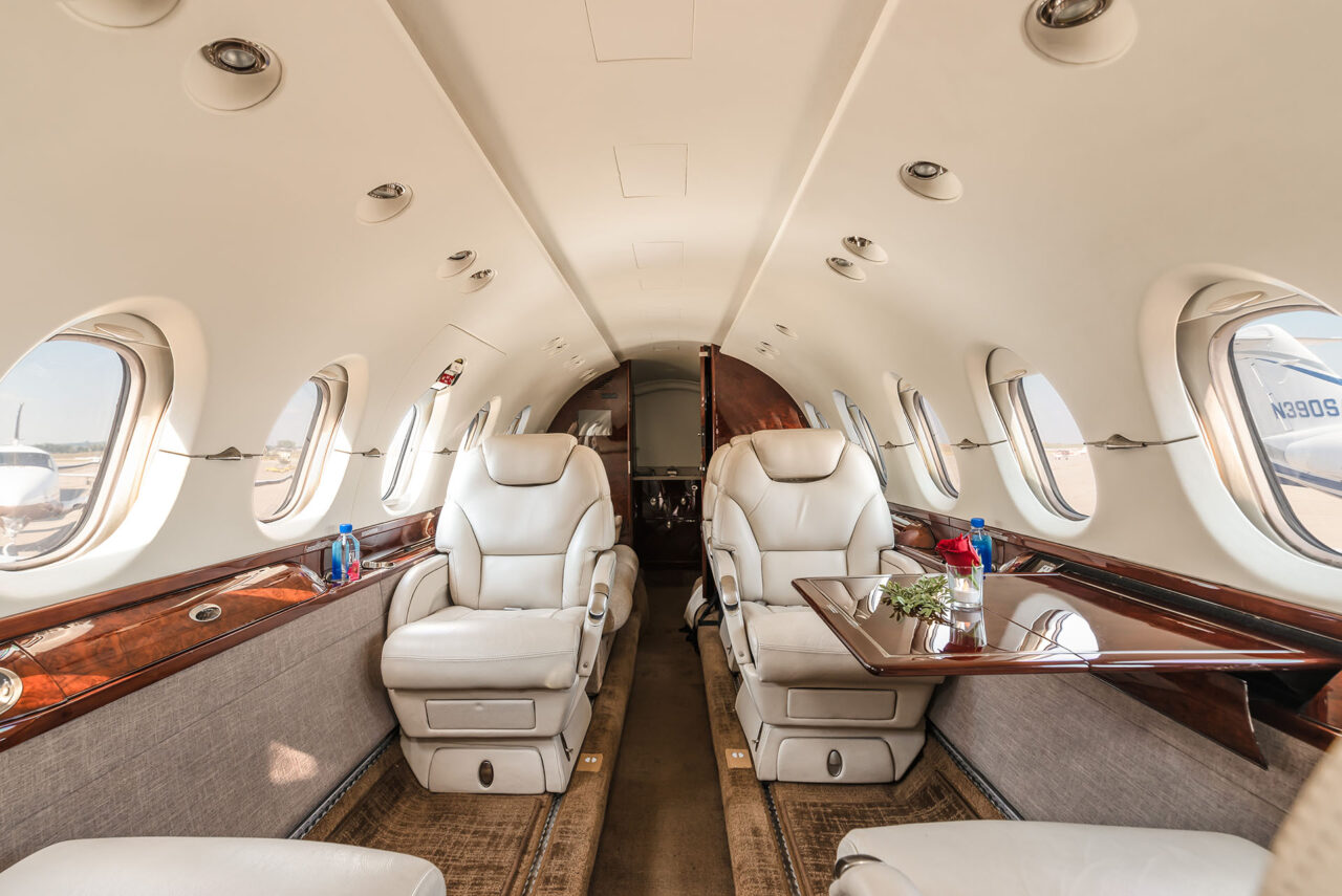 Hawker 800XP inside view of single seats and foldable table